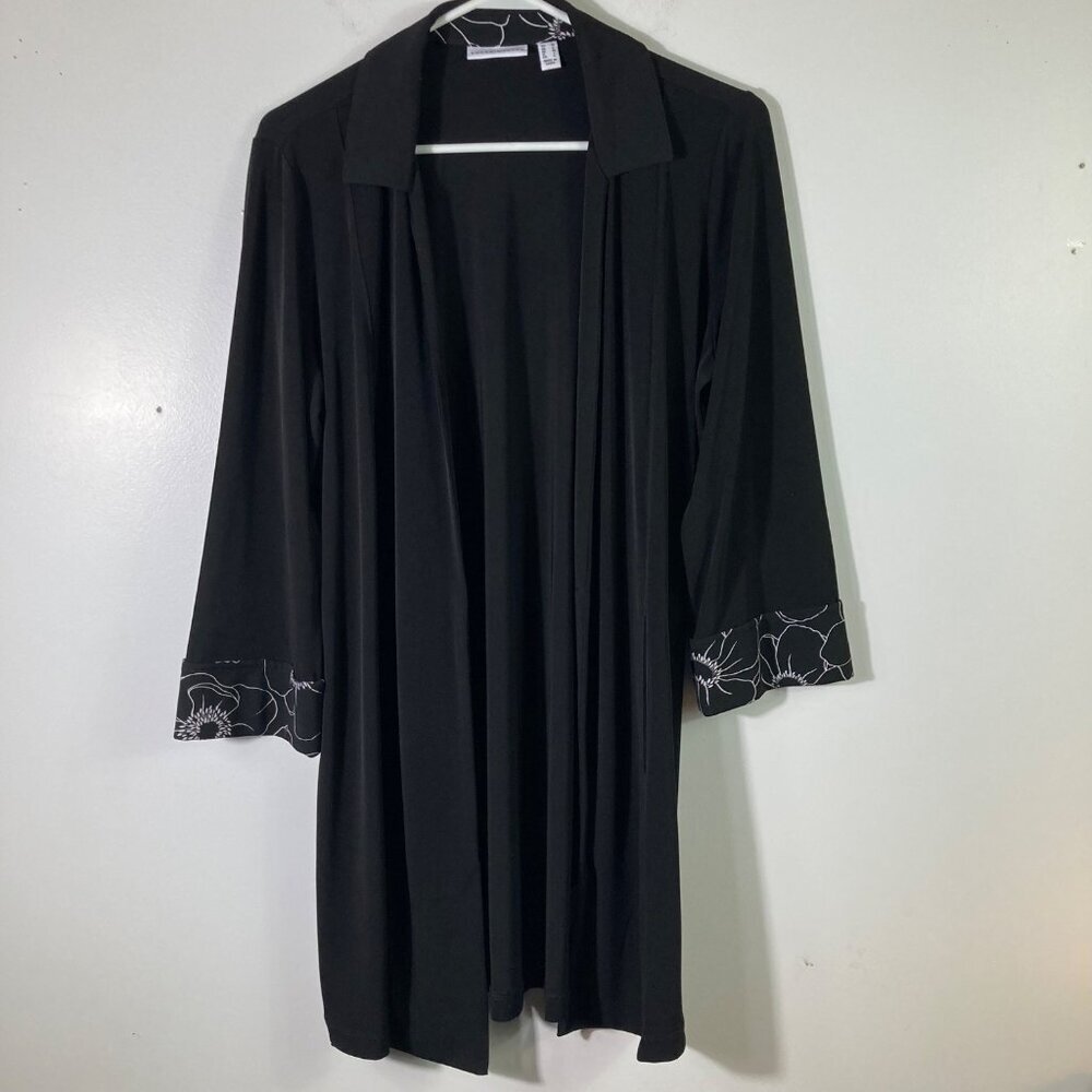 Womens Susan Graver Liquid Knit Cardigan Jacket Floral Cuffs Black White M